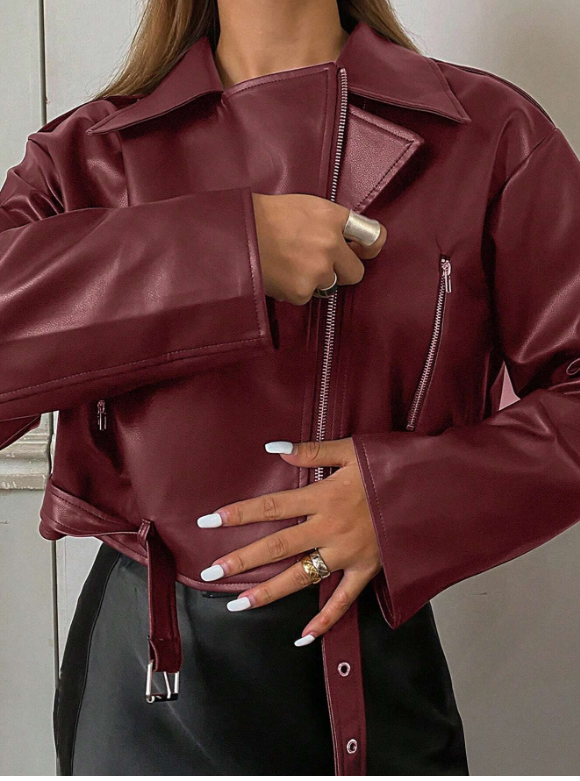 Jaqueta Feminina de Couro PU Estilo Motociclista – Casual Solta, Manga Longa 🏍️ Fashion / Urbano