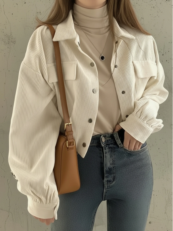 Jaqueta Curta Feminina Damasco com Estilo Utilitário Retrô e Acabamento Ajustável  ✨